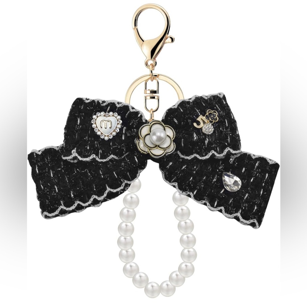 Elegant White Bow Keychain or Bag Charm with Pearls